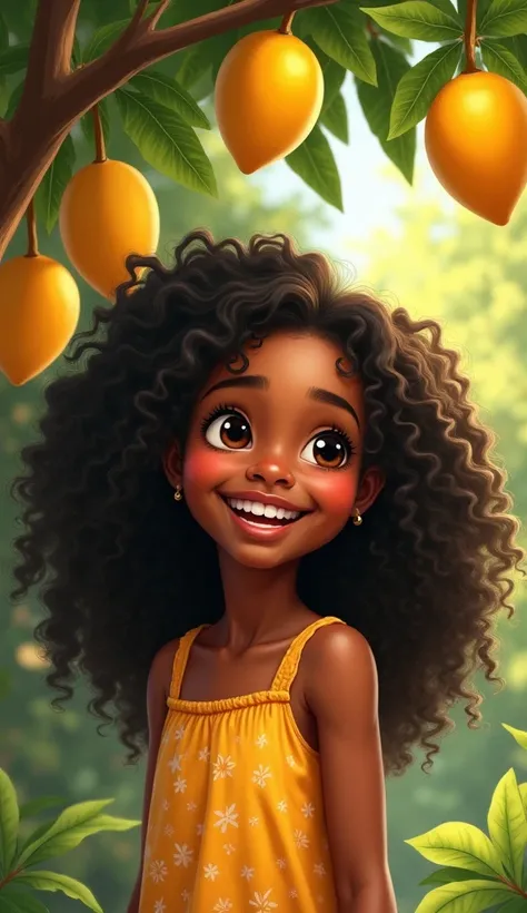  Create a funny high-quality image of a young black girl with long curly hair, Happy face talking under a mango tree
