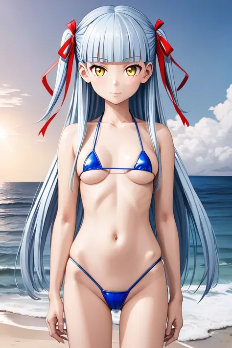 (1girl, togawa sakiko,long hair,bangs,ribbon,hair ribbon,black ribbon,two side up,light blue hair,sidelocks,blunt bangs,yellow eyes, slant eyes, standard height, medium breast, 17years old ), beach, blue sky, blue sea, micro bikini