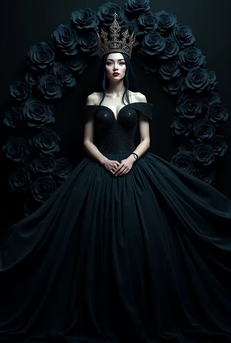 Queen in dress and luxurious black crown. She is white, Of blue eyes and black hair. The environment is adorned with black roses