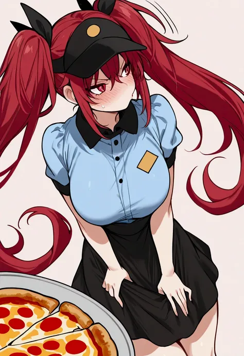 masterpiece, 1 girl, solo,red head, thicc Twin tails, tall, , long Bang, tsundere, blush,deep blue tshirt of waitress, black medium skirt,black cap of pizza job, around perfect buttocks,saggy Big breast, small waist, red eyes,thicc legs, long hair,, blush,...