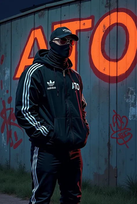  A comic at night of a graffiti mural with the word ATO in large,  and a very strong 35-year-old white man wears a black Adidas SuperStar tracksuit,  with sunglasses, a balaclava and black cap with the name ATO. 