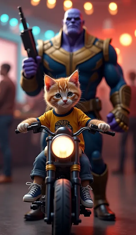 Image of a kitten wearing jeans and t-shirt, tank top and sneakers arriving at a party with a motorcycle E Thanos behind him in a suit and tie and a machine gun in his hand the kitten's coast guard.  