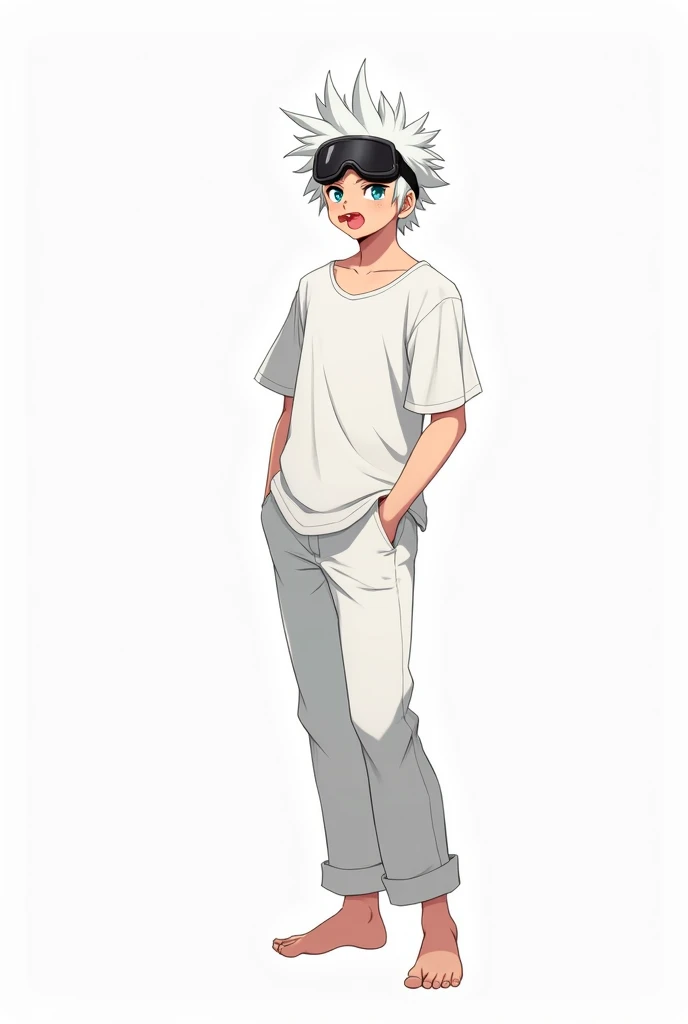 Create a 16-year-old male anime character with white hair,  white shirt,  white pants, barefoot,  sticking his tongue to the camera and wearing black ski goggles