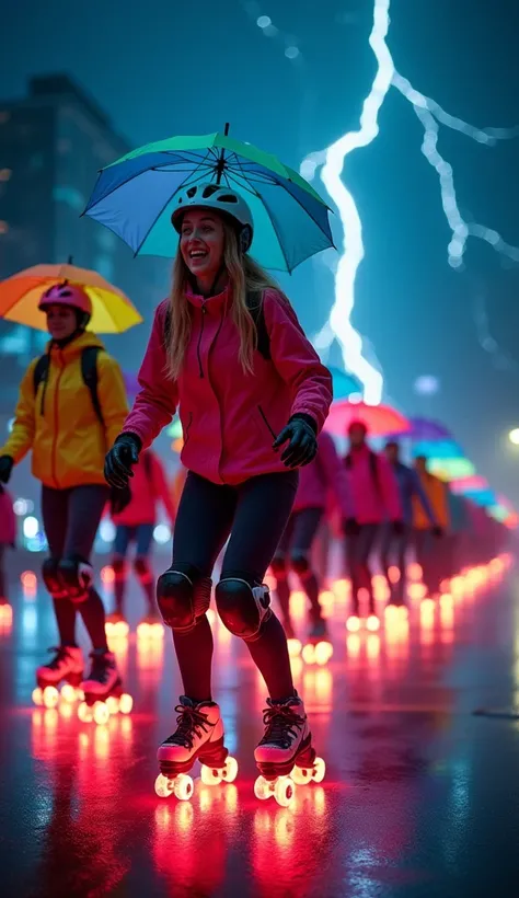 massive group of 23-year-old people with beautiful bodies, skating under the storm,  wearing glowing luminous roller skates, hypermeable colored sports jackets, colored hypermeable pants, fused helmet with umbrellas in several bright bright colors and hand...