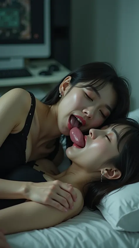  A young Japanese beautiful mature woman is lying in bed,  Japanese actress lying next to a woman , ((Tongue kiss)), (  mature woman licking a female actress's wet tongue  ), ( mature woman opening her mouth ), ( mature woman sticking out her tongue ), ( m...