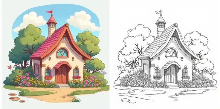 There is a cute building painted in pastel colors in a town filled with colorful flowers. On the right is the same painting, but the buildings, flowers etc are all drawn in line art, and the background is pure white.