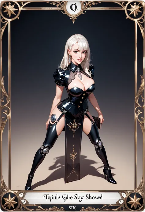 rare piece of art, best quality, super fine, 16k, incredibly absurdres, extremely detailed, delicate and dynamic, piece that is black, white line art, tarot card picture frame, sexy cowgirl cyborg, (ultra-detailed), (best illustration), (best shadow), (abs...