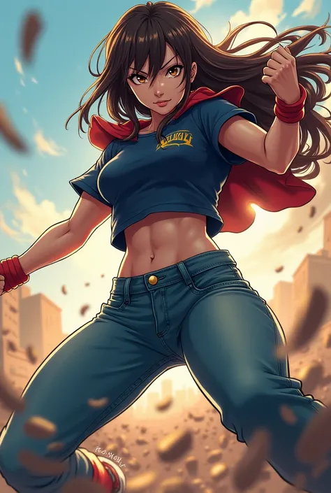 An anime character of a woman with long hair、I'm wearing a short-sleeved navy blue t-shirt、 denim pants and sneakers,  brown eyes, fighter, superheroine