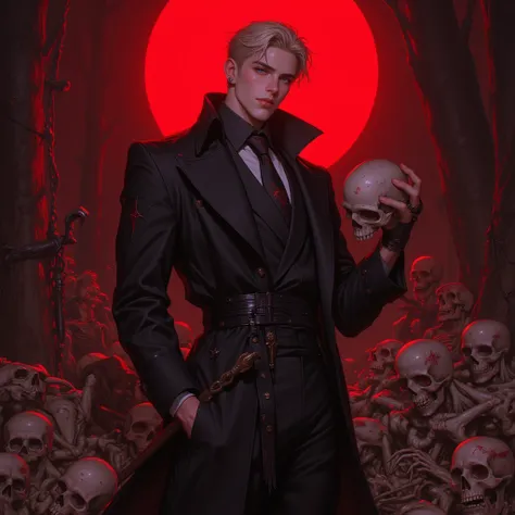 20-Year-Old Man Blonde Blue Eyes Korean Comma Stripe Hairstyle,Smooth, discreet face color,Aggressive Implications,Wear a black magic uniform, simple and discreet, with black energy aura around , his face with a slight smile ,There is a mottled red water o...