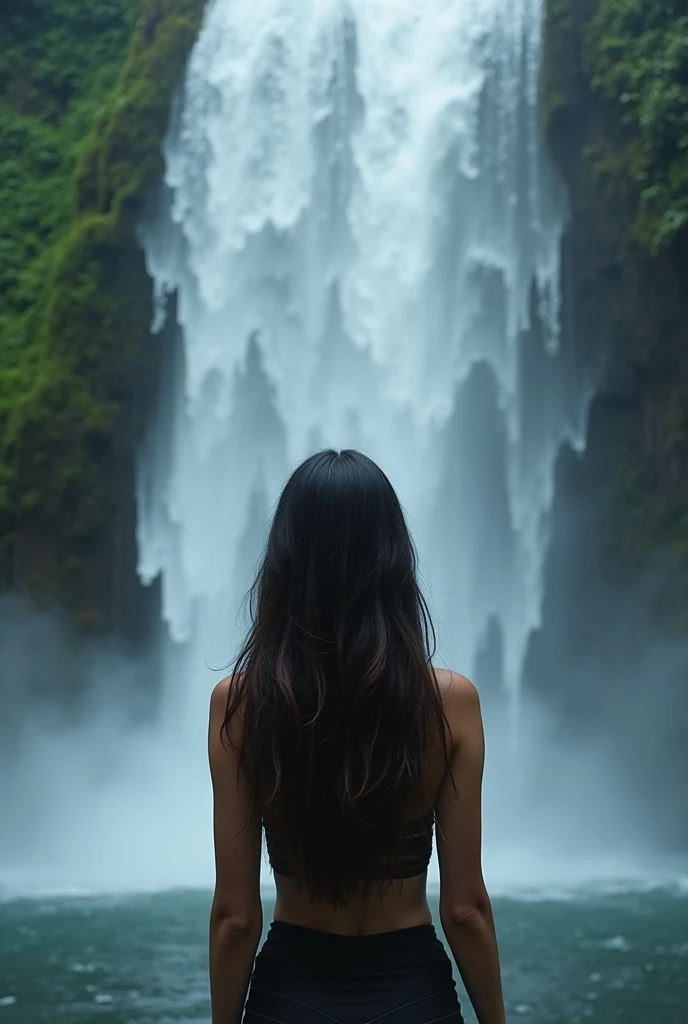 Brunette woman with her back to the waterfall 