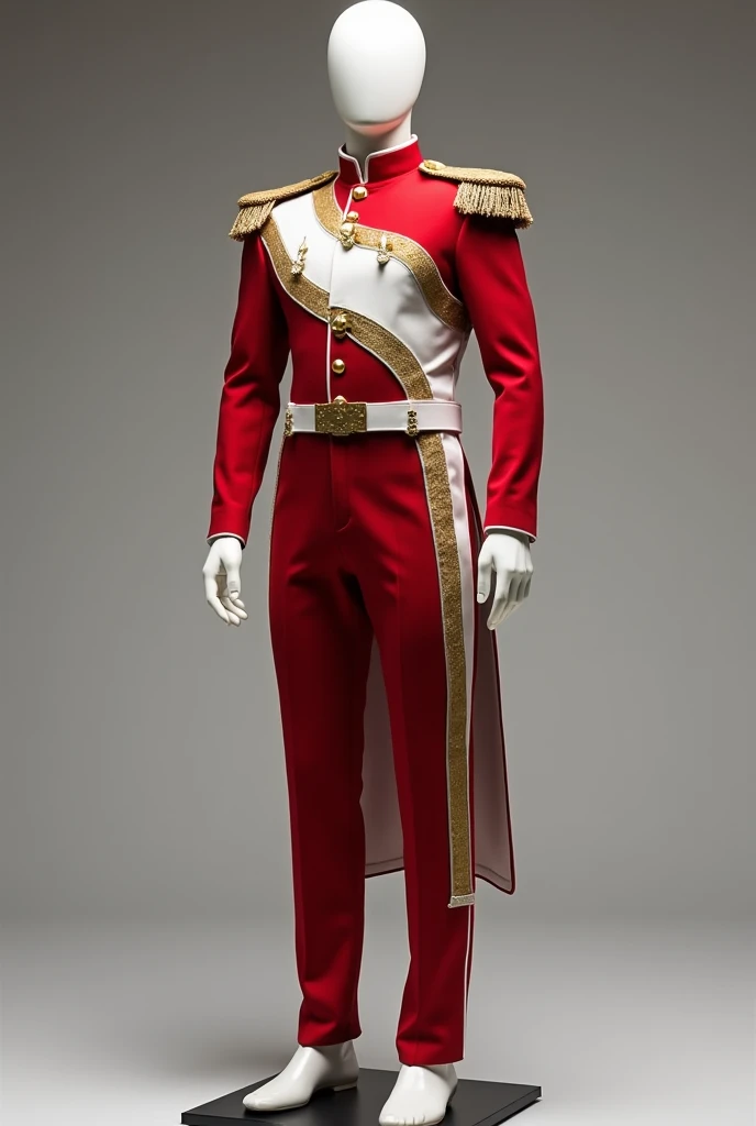 
Outfit in a male mannequin it's an outfit inspired by drum core and lyreccorporation with the combination color of red white gold