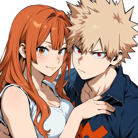 bakugo katsuki, girl with long auburn hair, hero and villainess