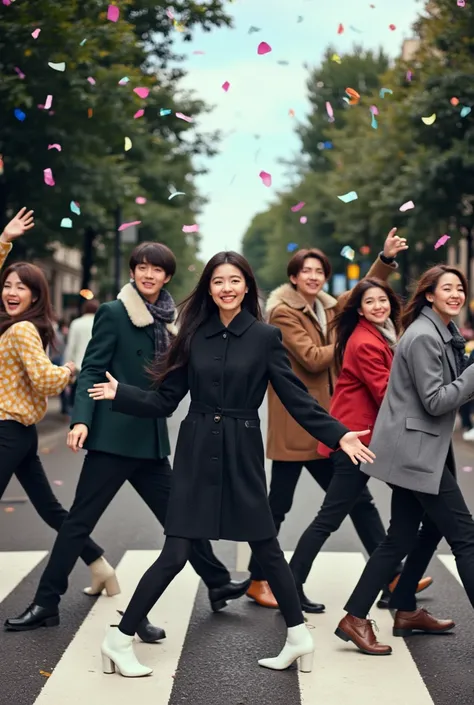 McC and korean actress,tney and a crowd of Brits celebrate Beatles Day with smiles and gaiety as they imitate Abbey Road's album cover at Abbey Road in London amidst confetti
