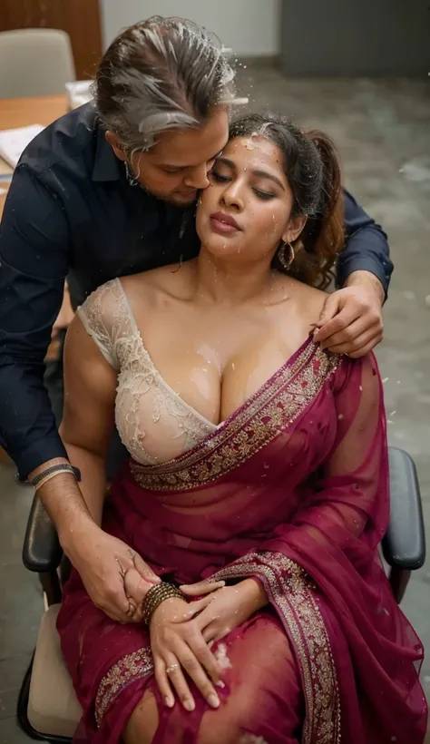 Full body image A radiant South Indian 40 year old bbw woman, sitting on a office chair, looking at viewers, wearing a silky chiffon black colour body fit transparent short skirt and highly embroideried red colour strapless deep neck blouse wearing plus si...