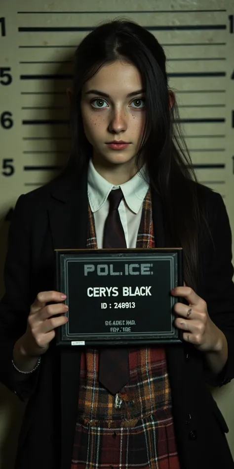 A **16-year-old British girl** with a **punk attitude**, standing in a **police station for a mugshot**. She has **scruffy medium-length black hair** styled in a **casual, unkempt** manner, with **striking green eyes** that gleam with mischief and defiance...