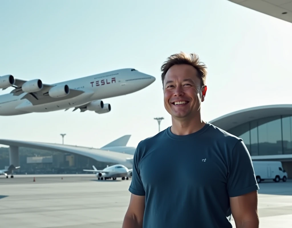  The foreground on the left shows a smiling Elon Musk wearing a blue t-shirt . He looks right at the camera  .

   The background shows a modern airport   .    The composition focuses on two futuristic planes, one of which takes off .   One of them has the...