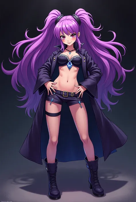 Create me a character in the style of the game Skullgirls with purple hair and with any pose similar to those in the game 