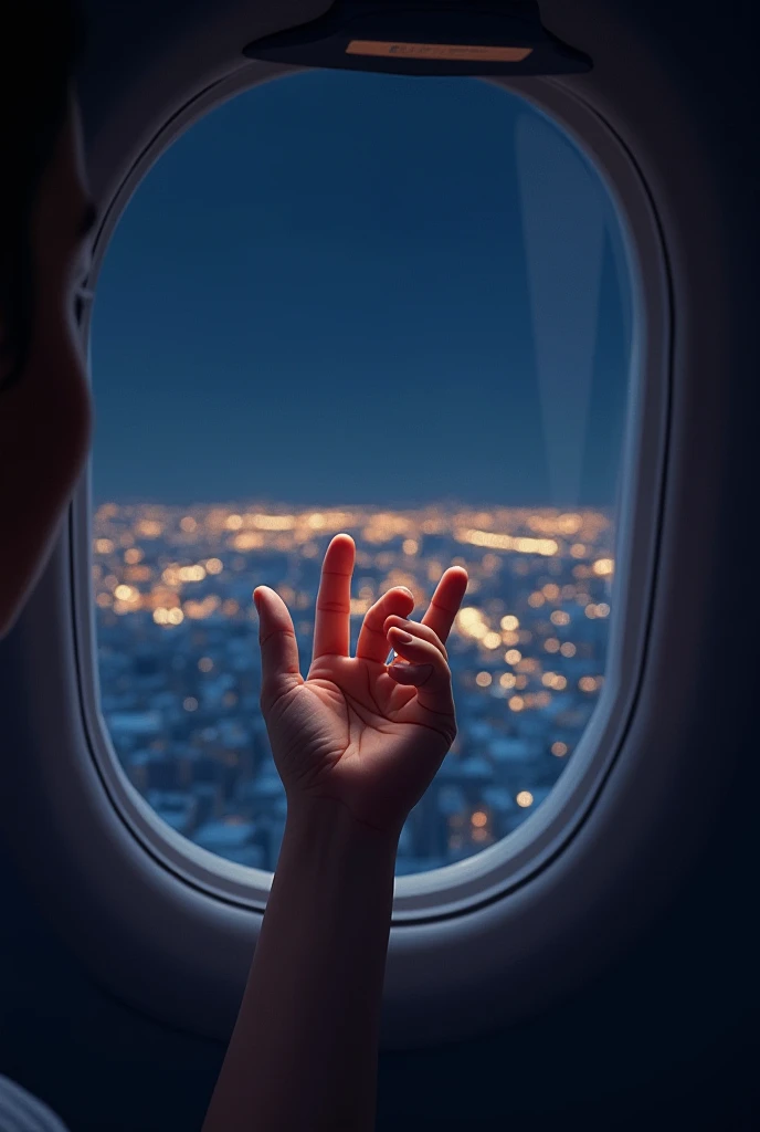 An airplane window .  It's nighttime outside in New York .  A female hand and a baby's hand touching the womb