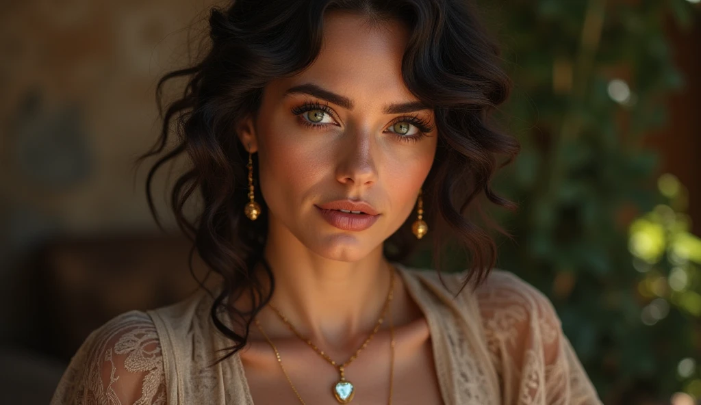 A captivating Romanian Romani fortune teller, with dark, curly hair and piercing green eyes, elegantly dressed, reads tarot cards to a handsome, tall, blond billionaire and eligible bachelor. His fiery red eyes are entranced, surrendering to her mystique. ...