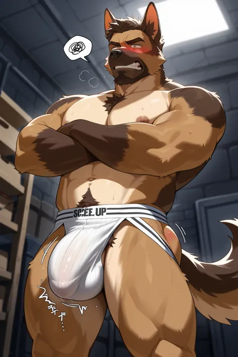 25 years old male anthropomorphic german shepherd with brown colored fur and lean-athletic build, naked, wears white jockstrap, brown small irises/pupils, mature male, irritated face expression, heat cycle, blushing, solo, throbbing cock in pants, throbbin...