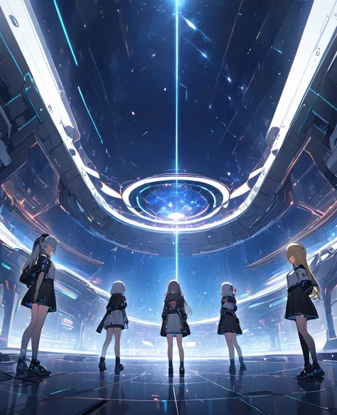 Group of girls in a futuristic space base 