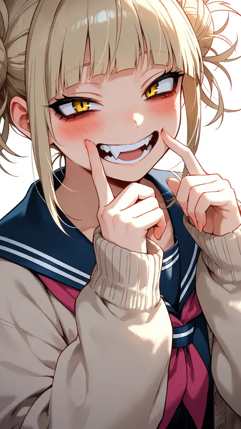  top quality，Accurate Fingers，
 1 girl,  bewitching smile in AKB48 costume, 
 Our Hero Academia ， Toga Himiko，
 white background， soft light ，
Narrow eyes，Eyes with highlights，
 slender，Small double tooth，
 navy blue sailor suit， cream cardigan ，