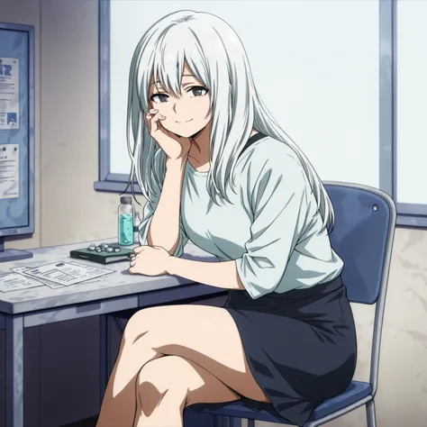 masterpiece, best quality, amazing quality, anime coloring, BREAK,

1girl, solo, mm, mature female, white hair, long hair, grey eyes, BREAK,

Lab, simple background, table, BREAK,

shirt, skirt, sitting, on chair, looking at viewer, smile, hand on own face...