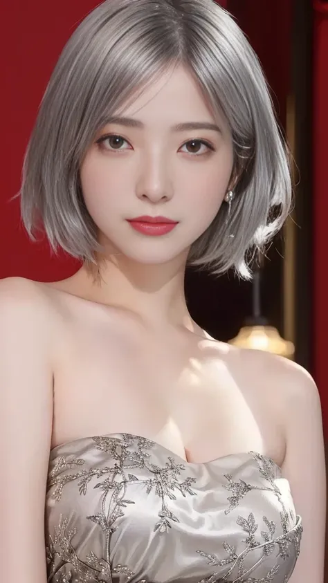  Woman 1,     high image quality  ,  Masterpiece,    TOP QUALITY ,    short hair,    medium boobs,   On a Chinese dress，   Silver Hair，     Mole Under Eye ，Nose tape is fine