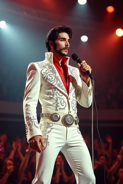 

"Elvis Presley, dressed in his iconic white jumpsuit adorned with rhinestones and an elaborate belt, standing on stage with a microphone in hand. His hair is perfectly styled, and his famous sideburns are prominent. The background features a vibrant, che...