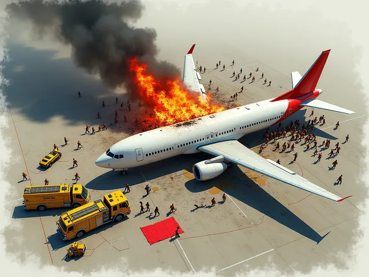 Draw a realistic aerial view of a crash with an aircraft on fire and one of the wings broken and many victims on the ground, some victims running away from the fire and firefighters providing assistance by setting up a victim triage area identical to the S...