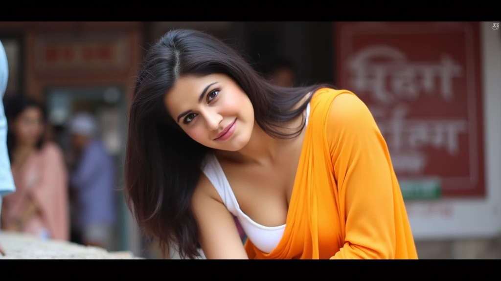 beautiful indian girl in orange saree, white sleeveless blouse, bending down showing her ample cleavage. Mysterious smile on her face
looking at viewer, cinematic 8k, detailed face. Location is a bazaar