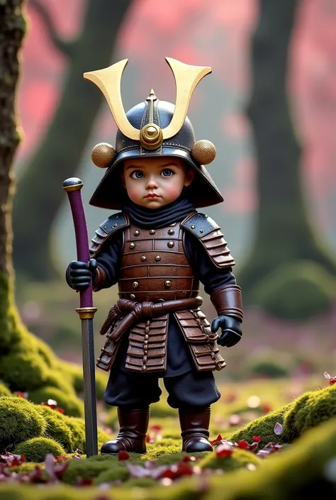 A one-year-old baby samurai stands firmly in a moss-covered forest, wearing detailed brown samurai armor with a spiked helmet. He has a serious expression, gripping a short curved blade in one hand and a wrapped purple-handled staff in the other. His outfi...