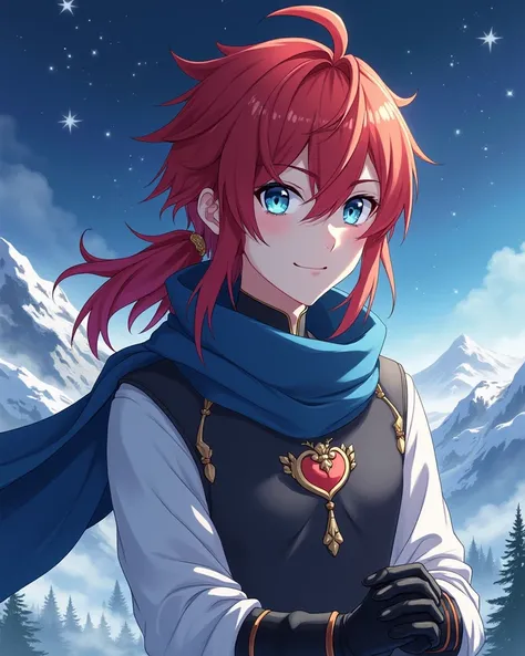 The legend of Ang,reddish hair, Shoulder length hair , blue eyes, stars around him and a mountain landscape behind him, Whole body, scarf around his neck and a white shirt with black gloves on his hands