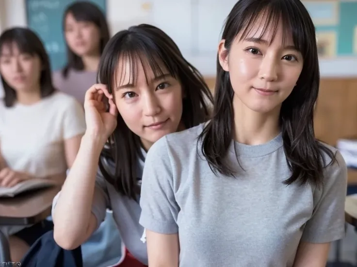       とてもかわいい   high school studentsの年齢の女の子達が複数写ったプライベート写真 ,   Multiple cute high school girls are studying in the school classroom on a summer afternoon ,  natural body shape,((Innocent)),       real skin without makeup         ,          very detailed co...