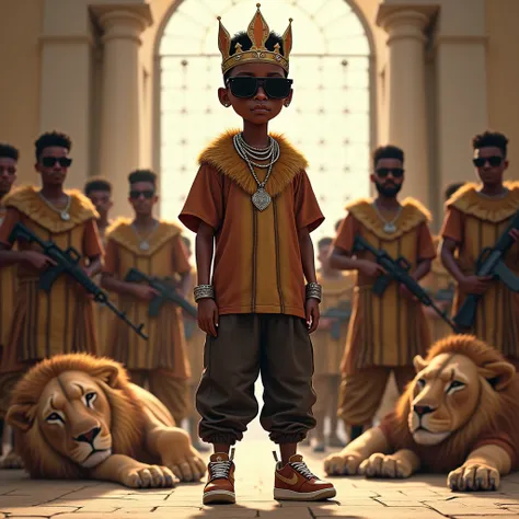 Young Skinng male black boy about 5 feet tall who is the emperor wearing dead animal skin as a shirt and baggy pants and airforce nike sneaker, no tshirt, wearing blacked out sunglasses and a crown on his head, and a silver chain on his neck, In the palace...