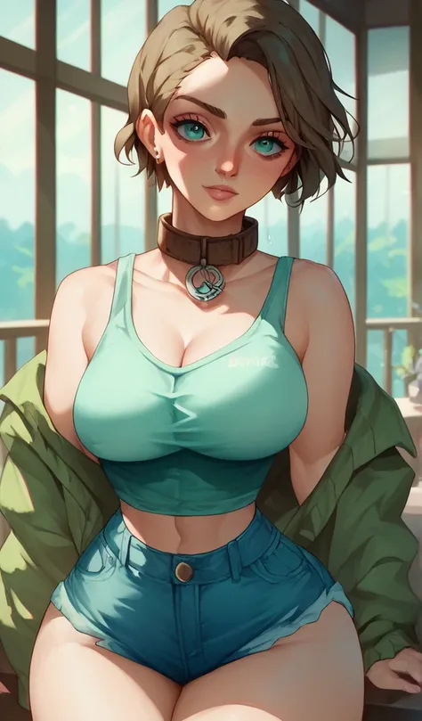  kvinner, Anime, Brown Collar Short Hair , Mint Green Tank Top,Short Jeans ,H cup breast,Waist s