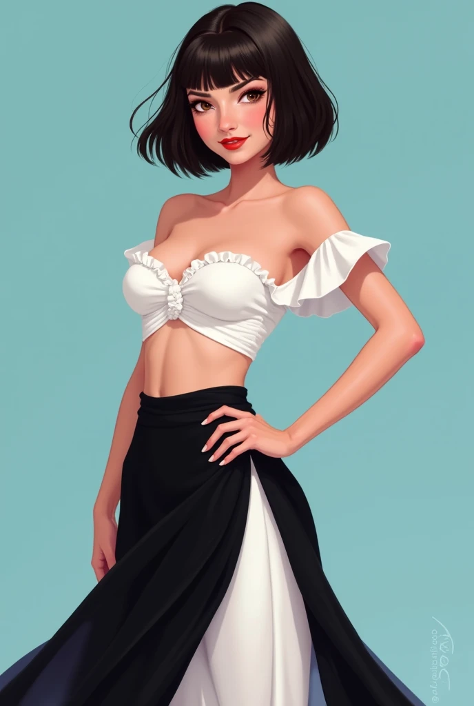 FictionalAnne, blunt bangs short bob cut, red lips, brown eyes In a strapless dancer outfit. In a white ruffle off the shoulder top, a black and white maxi skirt, and a seductive smile, bare shoulders, one hand on hip, arm down, looking at viewers, short s...