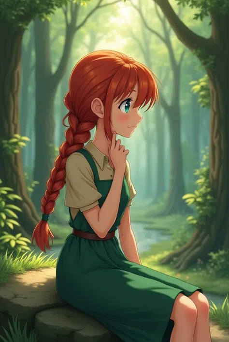 Create images of a red-haired girl in a braid in the woods sitting on a rock thinking animated but anime-like in a green dress and underneath a beige blouse and  with blue eyes and from afar you can see