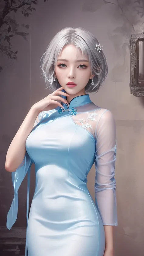  Woman 1,     high image quality  ,  Masterpiece,    TOP QUALITY ,    short hair,    medium boobs,   On a Chinese dress，   Silver Hair，     Mole Under Eye ，Nose tape is fine