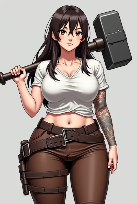  screenshot of anime , a human woman with a height of 1 ,60 with a fat physique ,big hip ,broad shoulders,pale skin color , brown eye color , dark brown hair that reaches her waist ,  tattoos on the left arm , leather pants on her back she has a war hammer...