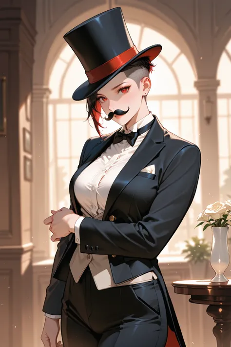 woman dressed as gentleman, fake mustache, top hat, tuxedo, tuxedo pants, bowtie, undercut