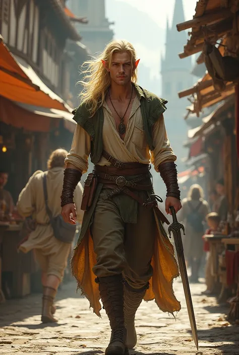 Create the image of a male elf,  of blond hair , torn clothes, A rapier in one hand, walking around the market area of a medieval city.