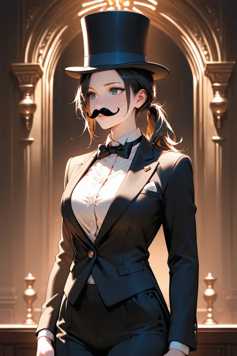 woman dressed as gentleman, fake mustache, top hat, tuxedo, tuxedo pants, bowtie, ponytail