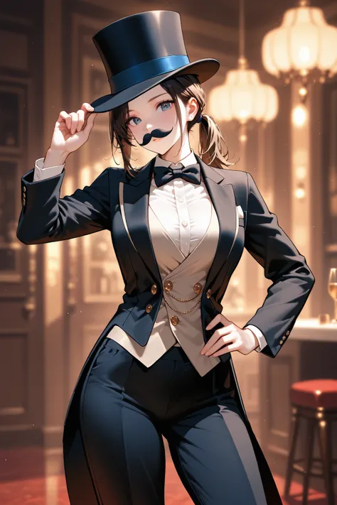 woman dressed as gentleman, fake mustache, top hat, tuxedo, tuxedo pants, bowtie, ponytail