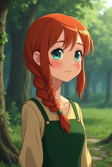 Create images of a red-haired girl in a braid in the woods with her friends planning something with their arrows animated but anime-style wearing a green dress and underneath a beige blouse and  with blue eyes and from afar you can see