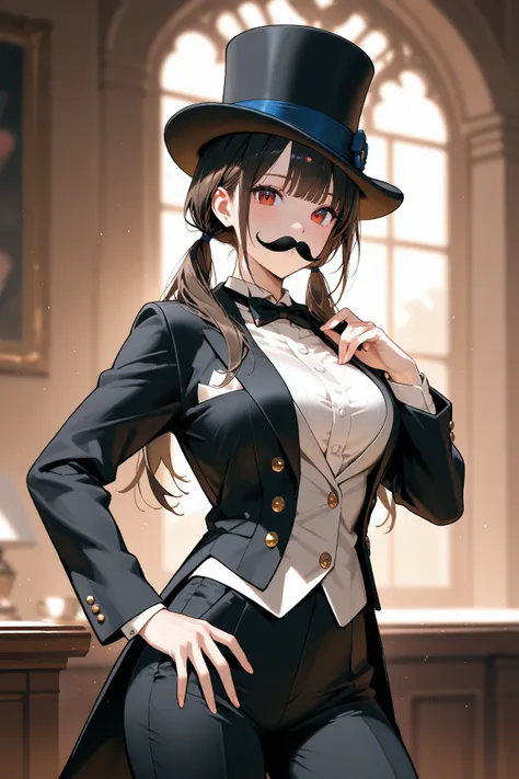 woman dressed as gentleman, fake mustache, top hat, tuxedo, tuxedo pants, bowtie, pigtails