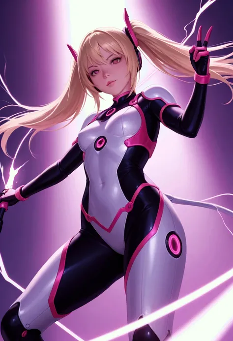 A beautiful young girl with yellow hair, a tight lightning-themed suit, and small breasts, wielding alien thunder weapons in a thunderstorm backdrop, (best quality,4k,8k,highres,masterpiece:1.2),ultra-detailed,(realistic,photorealistic,photo-realistic:1.37...