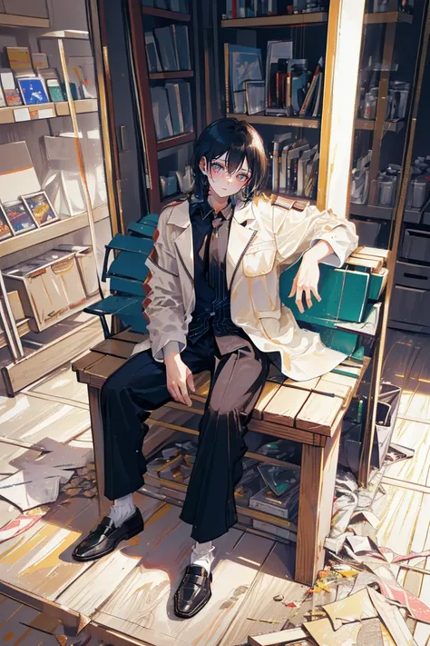 Full-body view, a mansitting  on a wooden box, 8K resolution, high detail, around 20 years old, (one male:1.5), bored expression, black hair, slightly long hair:1.5, messy hair, drooping eyebrows, downturned eyes, pitch-black eyes, chic outfit, checkered j...