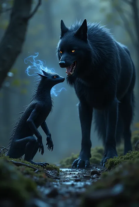  create the image of a black-skinned newt, and lean body, and surrounded by a black wolf 