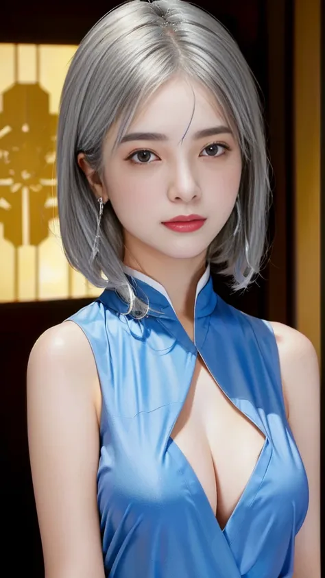  Woman 1,     high image quality  ,  Masterpiece,    TOP QUALITY ,    short hair,    medium boobs,   On a Chinese dress，   Silver Hair，     Mole Under Eye ，Nose tape is fine